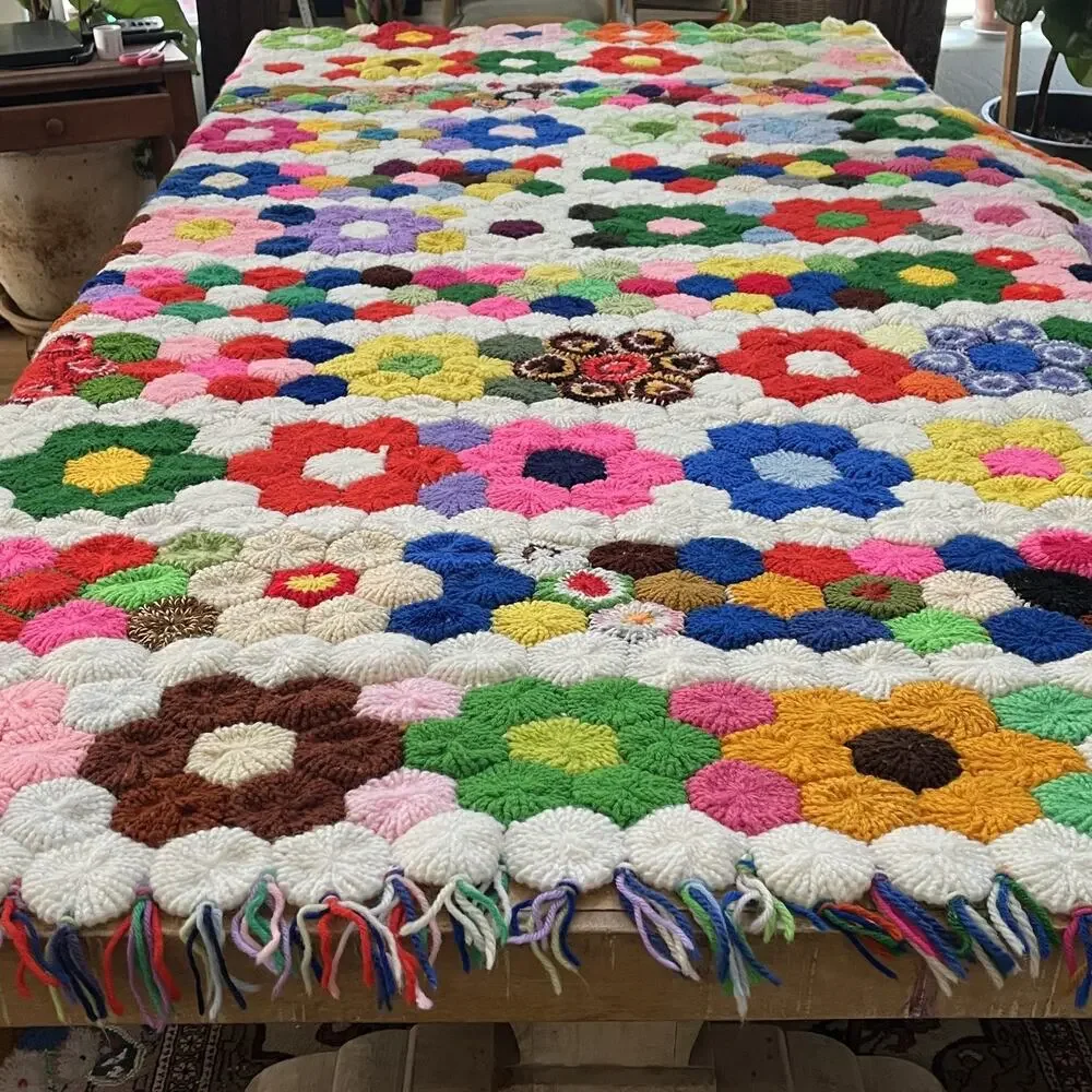 Vintage Grandmother's Flower Garden Crochet Afghan Blanket 79” x 84” Thick